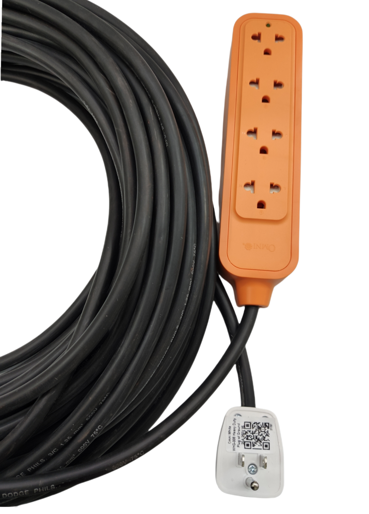 Phelps Dodge omni plug extension cord heavy duty black coil with orange four socket power strip and white plug