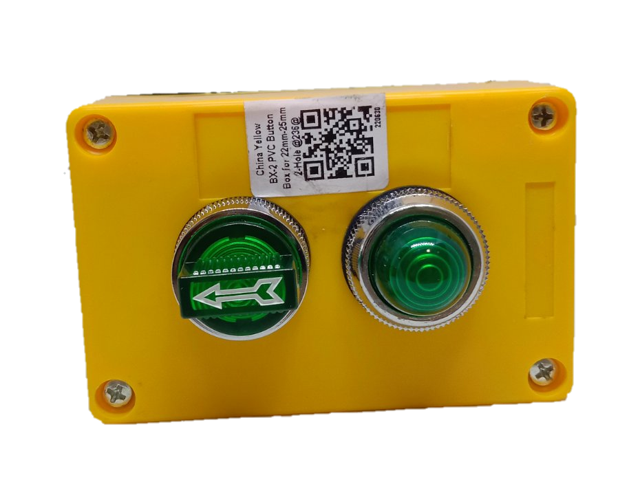 Auspicious green illuminated selector switch and button mounted on yellow power points and switches panel