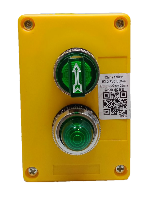 Auspicious green illuminated selector switch mounted on yellow box for power points switches and plugs