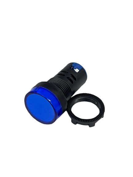 Grippes blue LED Panel Indicator Lamp 22mm round indicator with threaded black housing and mounting ring for control panels