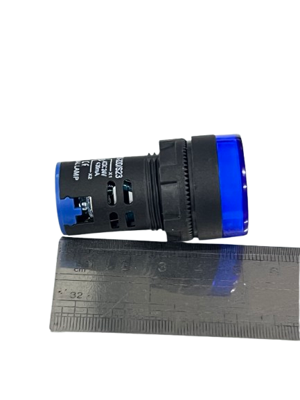 Grippes blue LED Panel Indicator Lamp 22mm with black threaded body shown beside ruler for scale