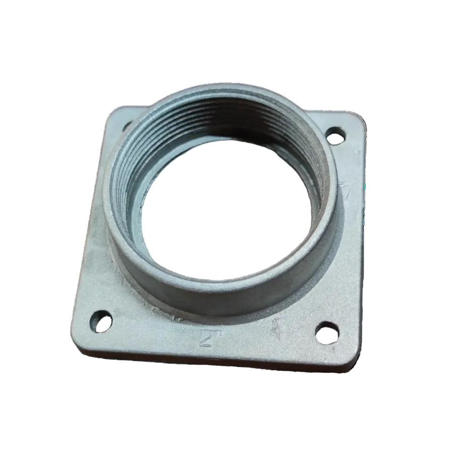 Silver metal square flange with threaded circular opening and four bolt holes Meter Base Hub 2 Inches for electrical conduit