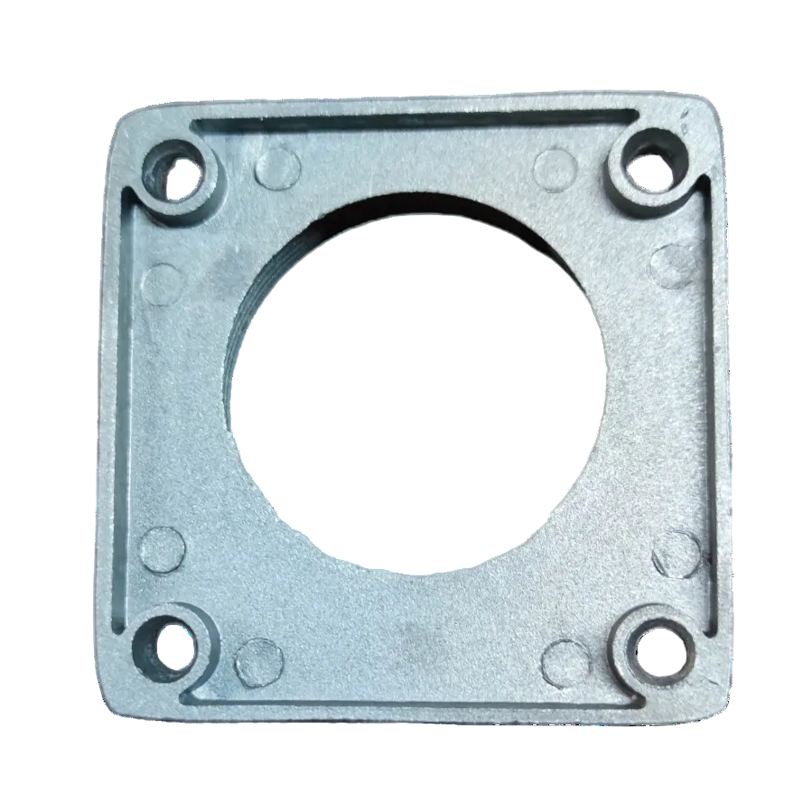 Meter Base Hub 2 Inches square aluminum mounting plate with central circular hole and four screw holes made in China