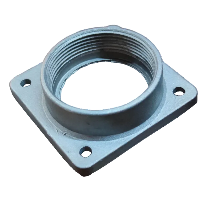 Silver square flange threaded Meter Base Hub 2 Inches aluminum with four mounting holes for electrical meter