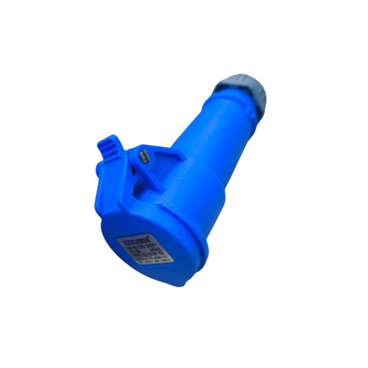 Grippes blue industrial outlet connector for electrical circuitry and parts with protective cap