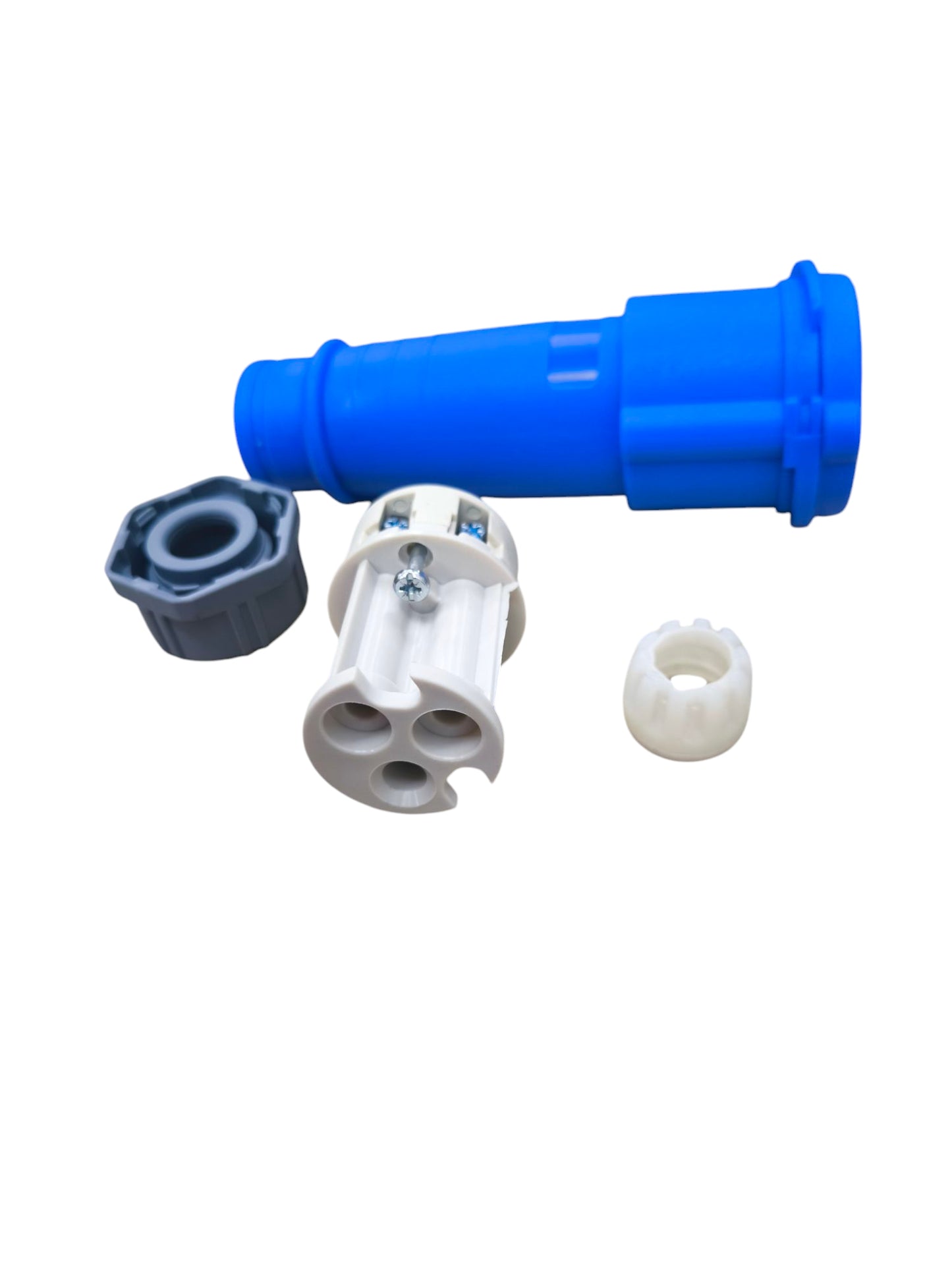 Grippes blue industrial outlet connector with disassembled white and gray parts for electrical circuitry