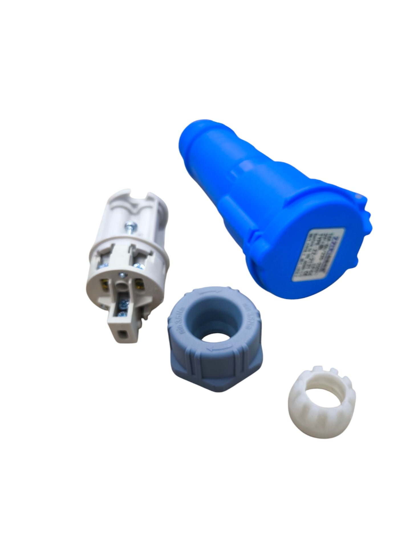 Grippes blue industrial outlet connector with white and gray connector parts for electrical circuitry