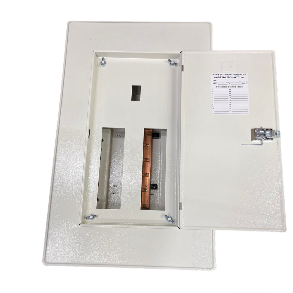 Koten metal electrical panel with open door showing copper bus bar interior Panel Board with 150A 2Pole Main 250SPS.