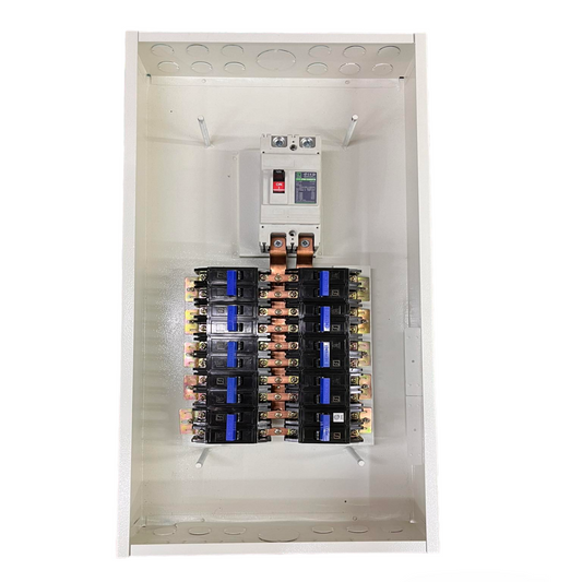 Koten Panel Board with 150A 2Pole Main 250SPS. White metal panel with multiple breakers and copper bus