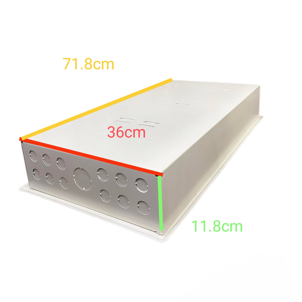 Koten Panel Board with 150A 2Pole Main 250SPS metal enclosure showing knockout holes and measured dimensions