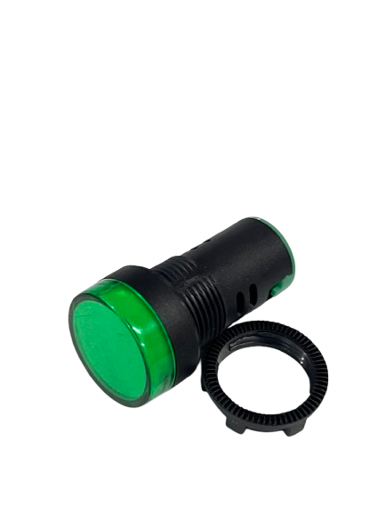 Grippes Pilot light 24V DC GREEN indicator with black cylindrical housing and mounting ring for panels