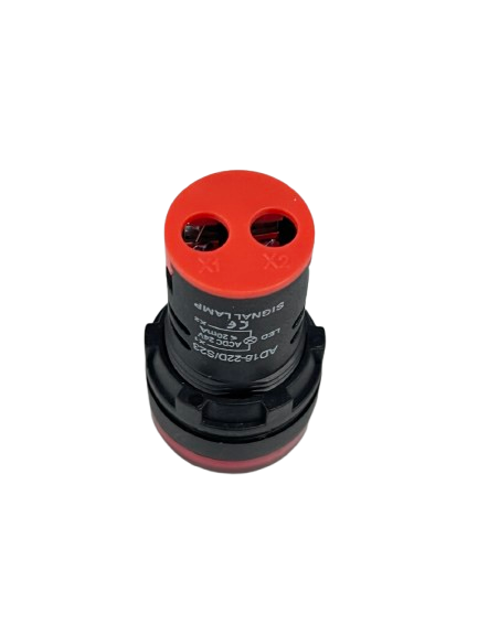 Grippes Pilot light 24V DC RED 22mm panel mount indicator with red cap and black body top view