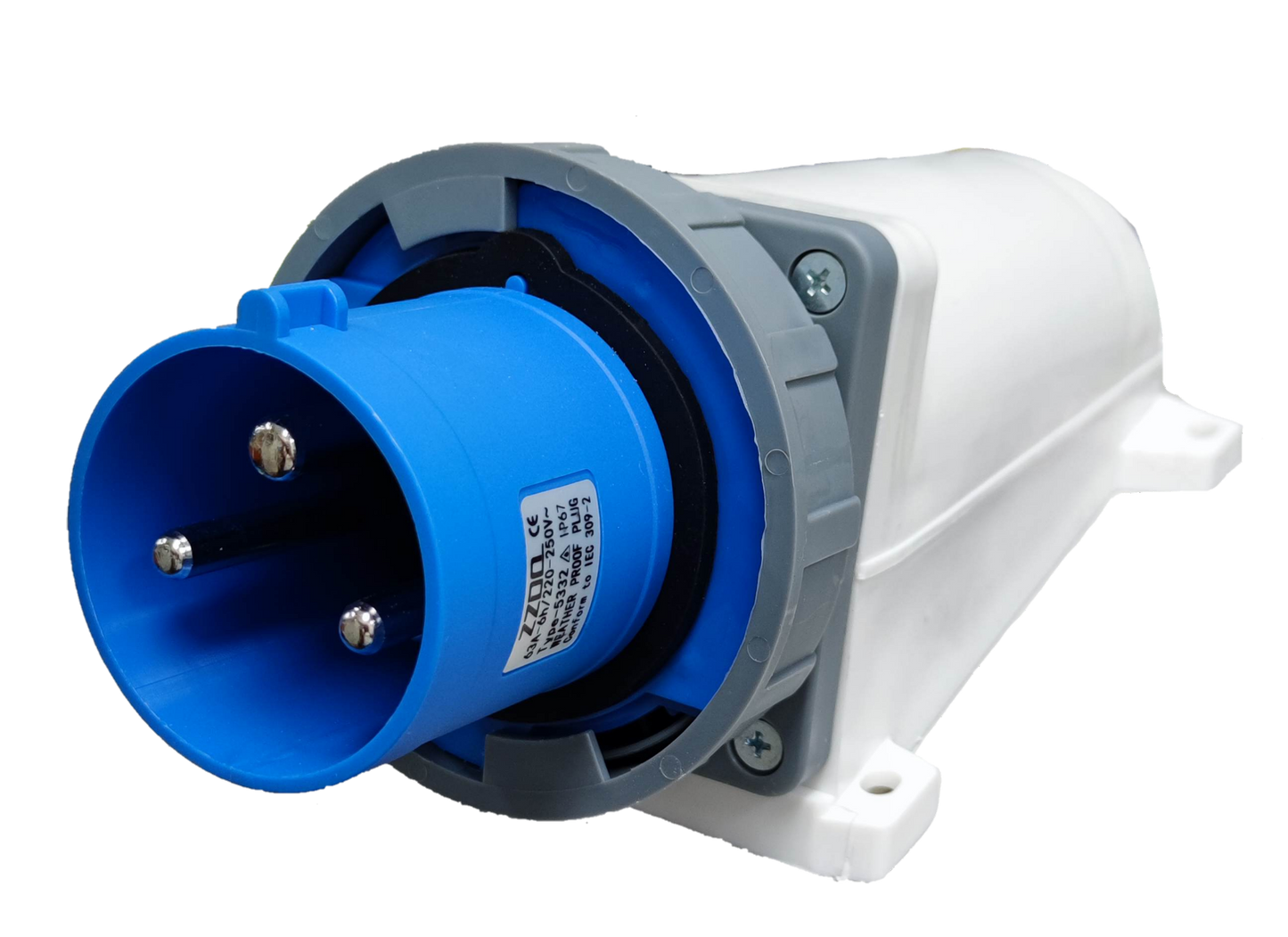 Grippes Industrial Plug Wall Type 63a 3 Pins with blue and white durable housing for secure electrical connections