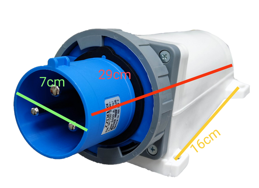 Grippes Industrial Plug Wall Type 63a 3 Pins with blue and white casing and measurement details