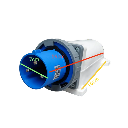 Grippes Industrial Plug Wall Type 63a 3 Pins with blue and white casing and measurement details