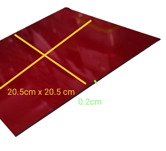 Industrial red acrylic filter sheet measuring 20.5cm x 20.5cm and 0.2cm thick for various applications