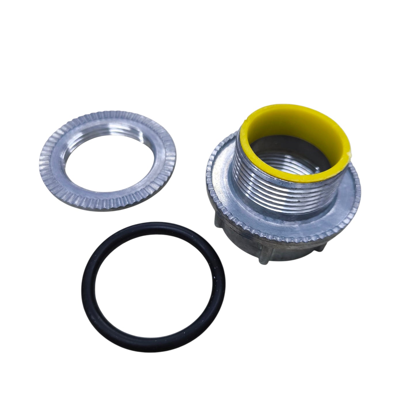 Water Tight Hub 40mm zinc plated threaded conduit connector with yellow liner and rubber O ring