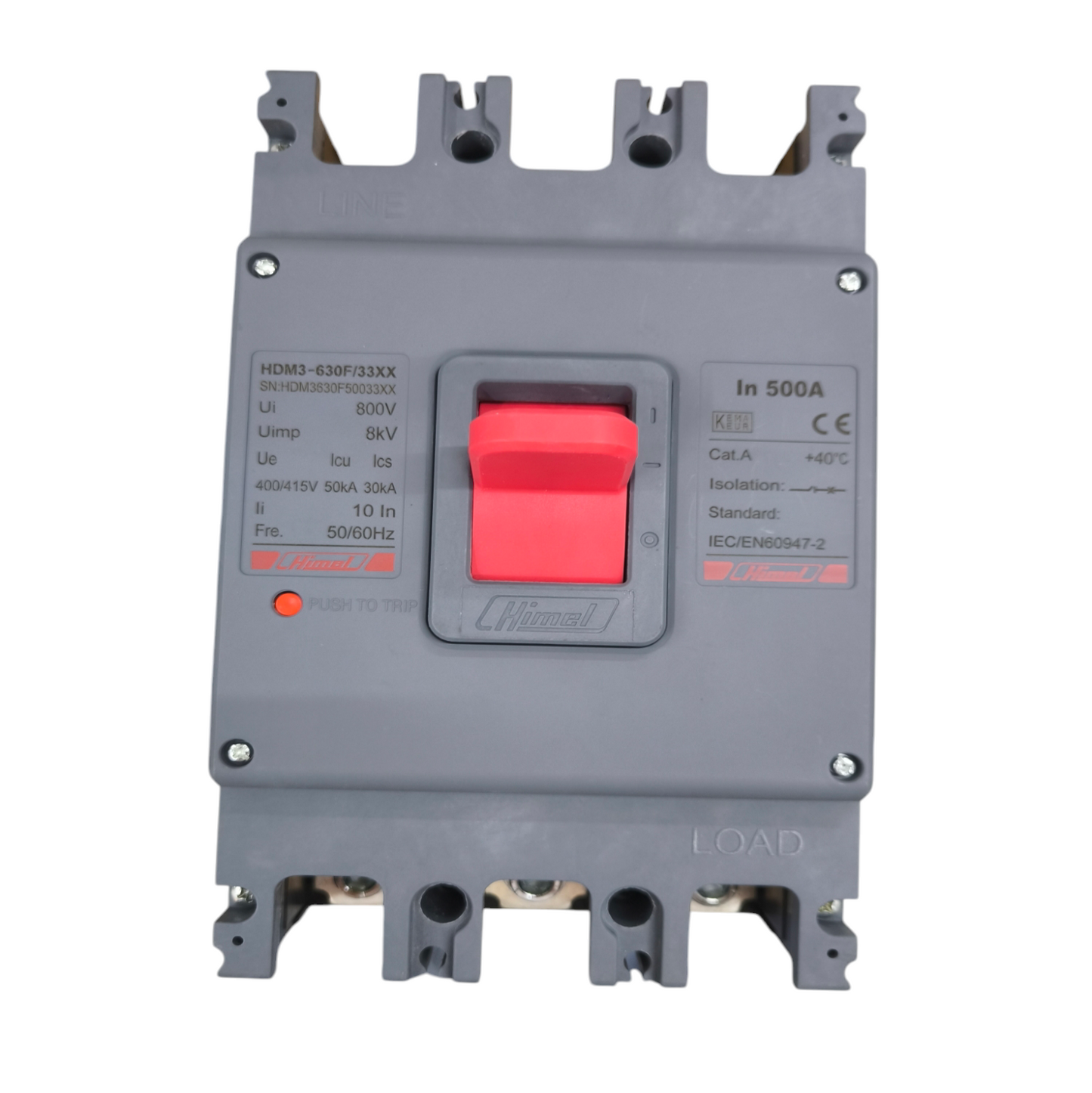 Himel 500A 3Pole Industrial Circuit Breaker with red switch and gray casing for electrical protection