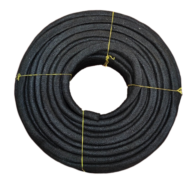 Local vendor coil of black mica electrical insulation tubing rolled in a circular spool bound with yellow ties