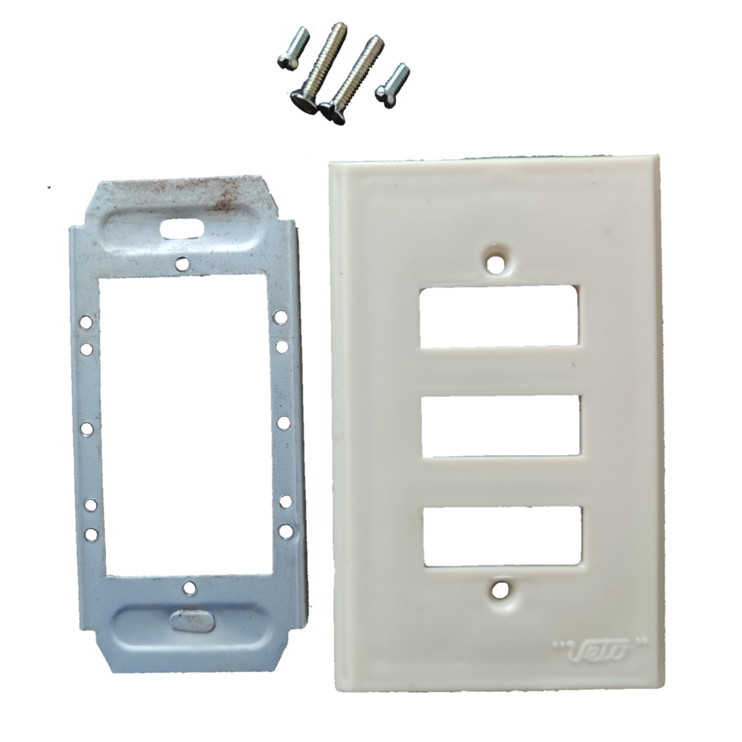 Electx Electrical Supply 3 gang device plate with metal strap and mounting screws on black background