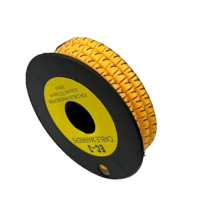 Cable Marker 7 yellow spiral wire markers on black plastic spool for cable management and identification