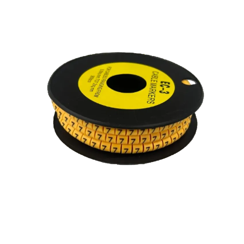 Spool of yellow numeric cable markers showing repeated 7 for wire labeling Cable Marker 7 yellow
