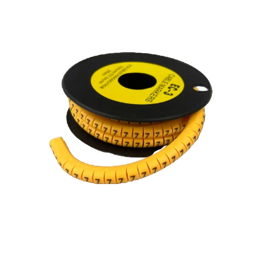 Cable Marker 7 yellow flexible spiral wrap on a black spool with repeated 7 labels for cable identification