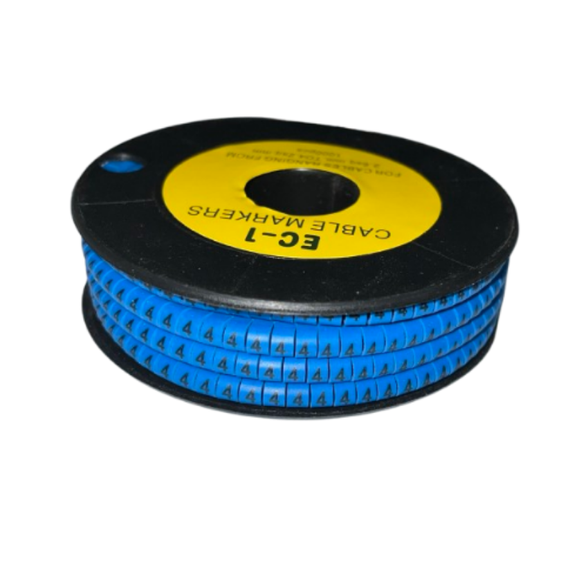 Spool of 4 Cable Marker Blue spiral cable markers with repeated black numeral 4 for wire identification