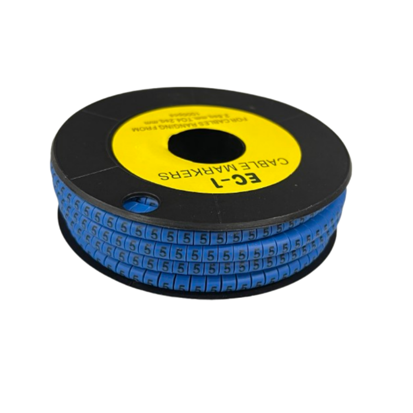 Roll of 5 Cable Marker Blue numeric labels on a reel for cable management and wire identification