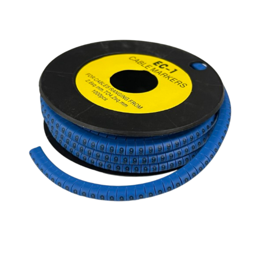 9 Cable Marker 2.6mm to 4.2mm Blue on black reel with flexible numbered tubular markers for cable management