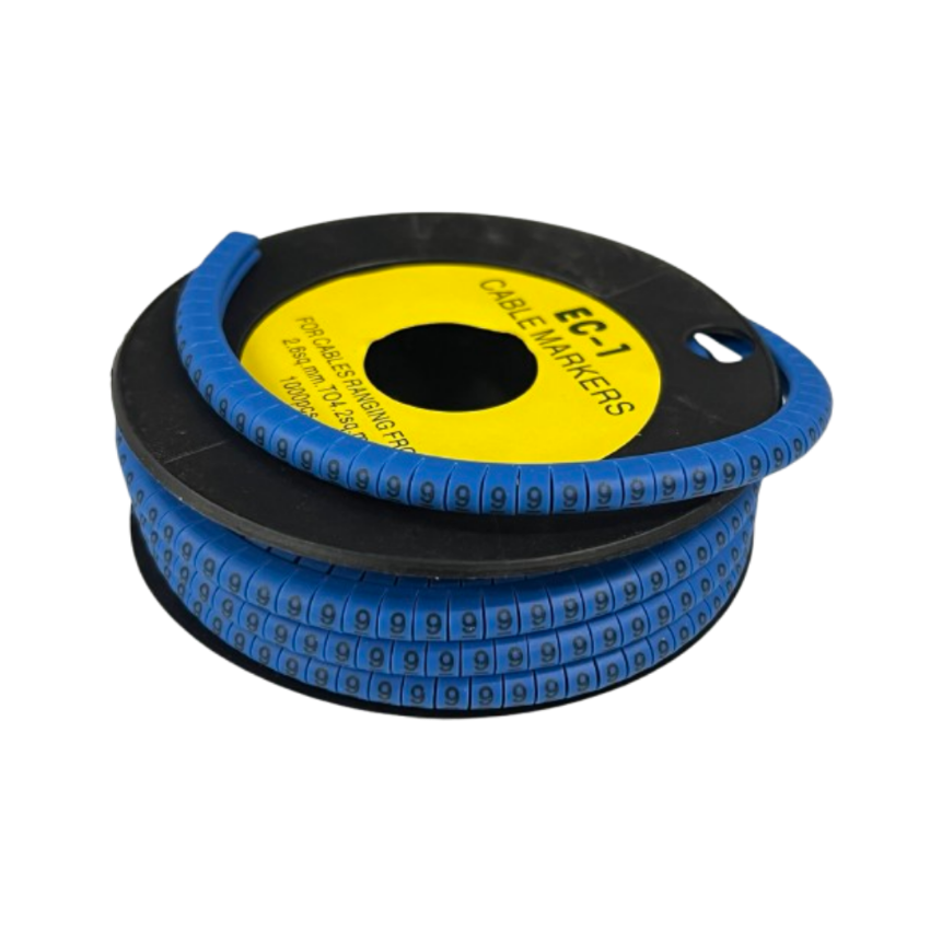 Spool of blue numbered cable markers showing repeated 9 digits 9 Cable Marker 2.6mm to 4.2mm Blue for wire labeling