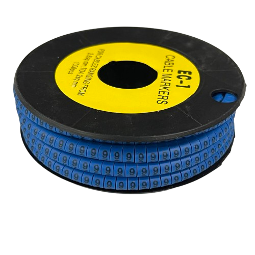 Spool of 9 Cable Marker 2.6mm to 4.2mm Blue numeric labels on a black reel for cable management