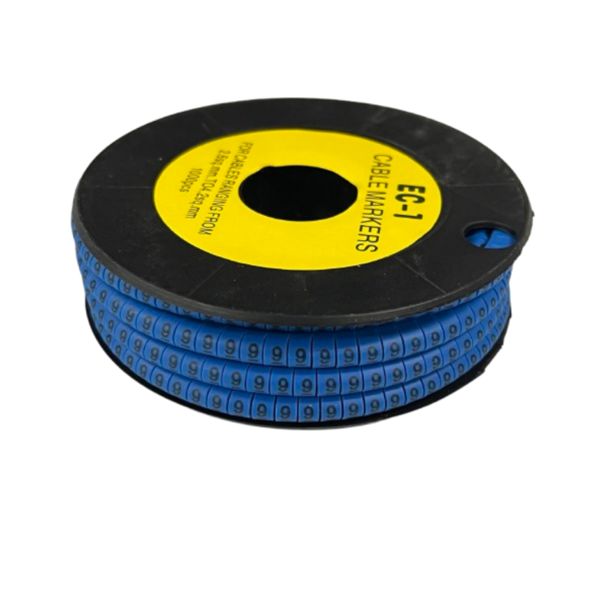 Spool of 9 Cable Marker 2.6mm to 4.2mm Blue numeric labels on a black reel for cable management