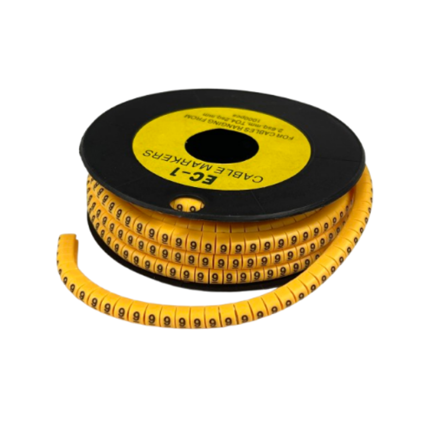 Spool of yellow numeric cable markers showing repeated 9s for cable organization 9 Marker 2.6mm to 4.2mm Yellow