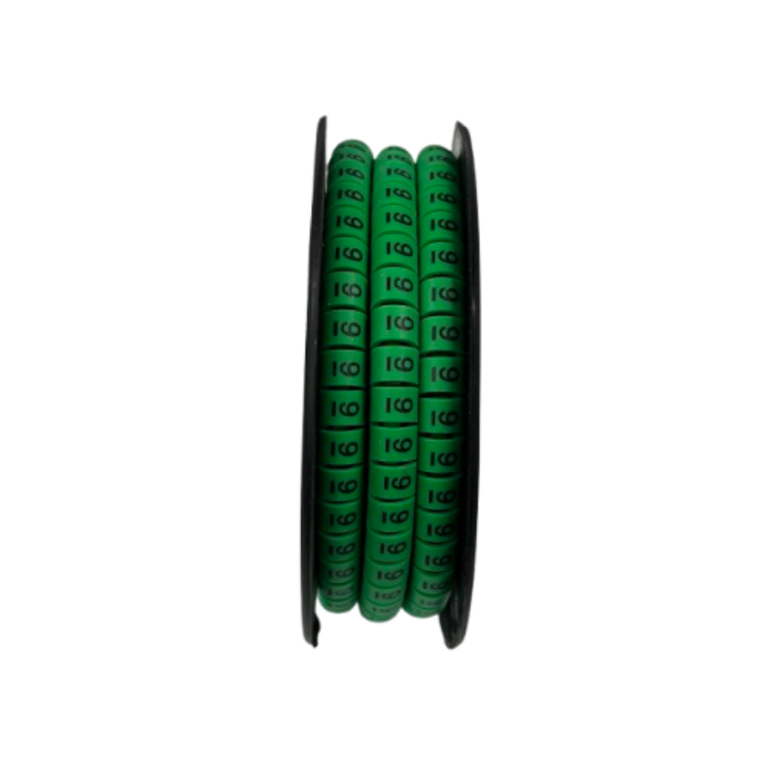 Spool of 9 Marker 5.0mm to 7.2mm Green cable markers showing numbered rings for wire labeling