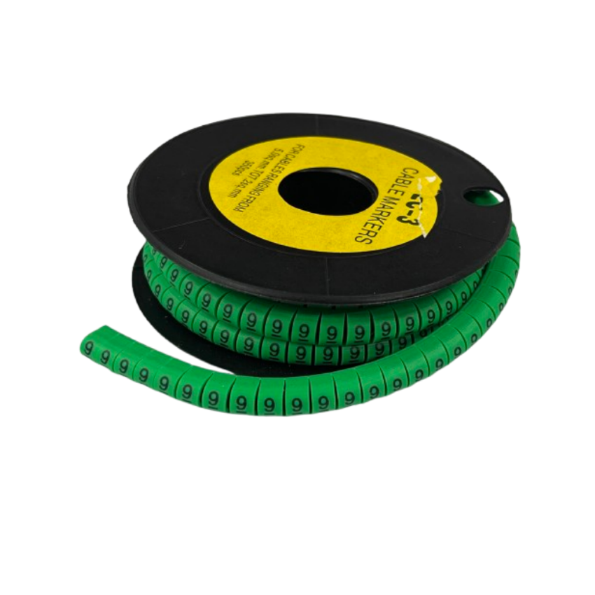 Green cable marker reel with repeated 9 labels for wire identification 9 Marker 5.0mm to 7.2mm Green