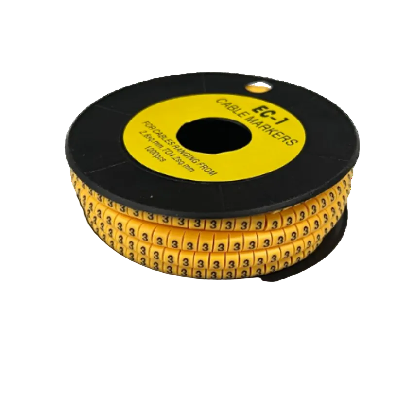 Spool of yellow numeric cable labels showing repeated 3 markers Cable Marker 3 Yellow for wire identification