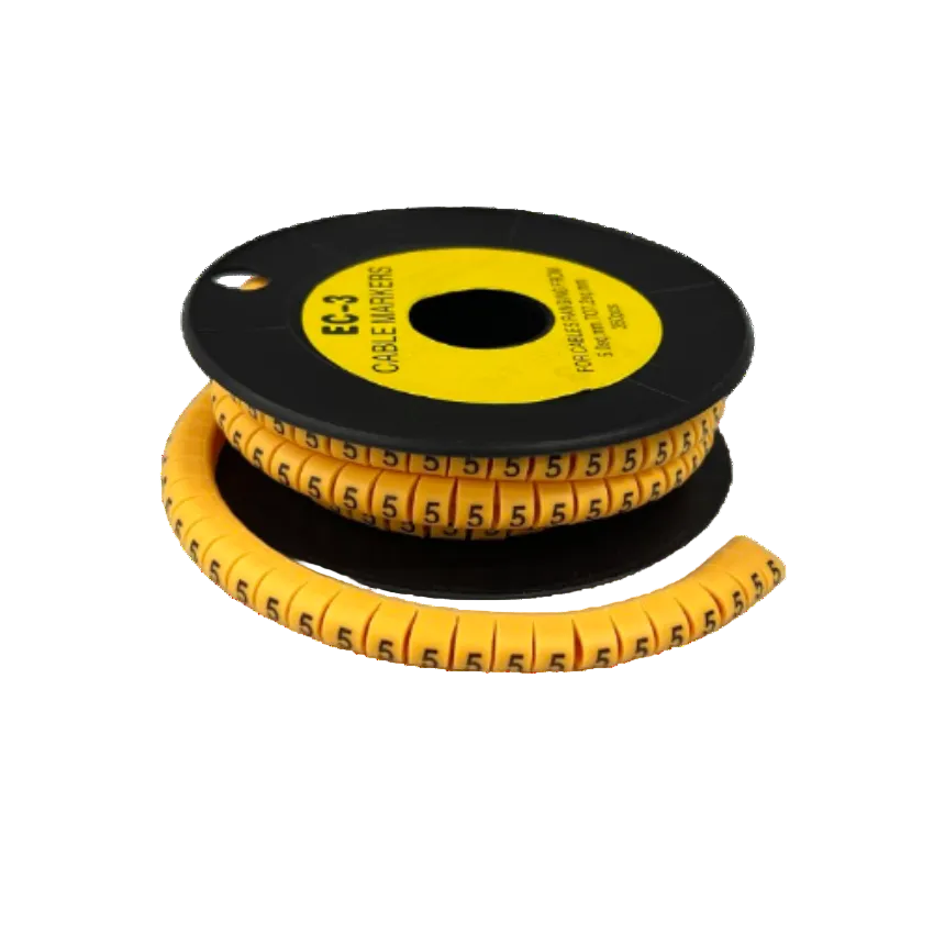 Grippes cable management reel with Cable 5 Marker -3 Yellow spiral markers labeled 5 for wire identification