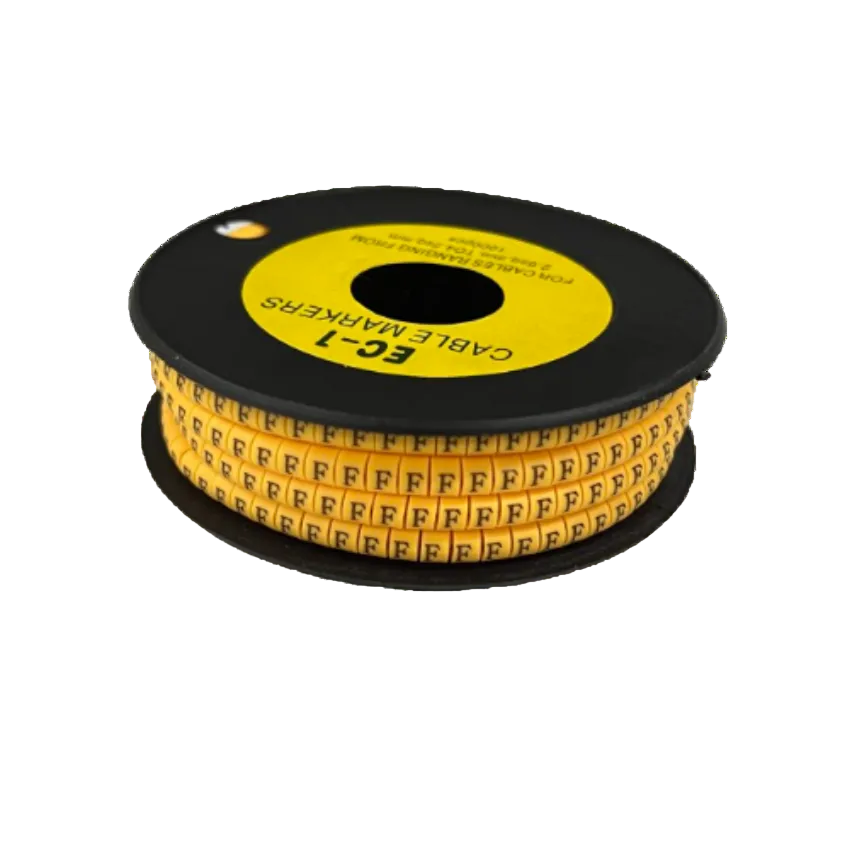 Spool of yellow cable ID rings with repeated F labels on black reel for wiring organization Cable "F" Marker 2.6mm to 4.2mm Yellow