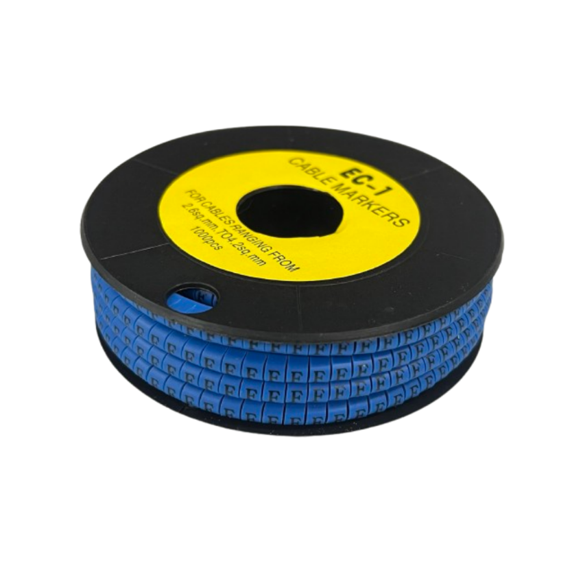 Spool of blue Cable "F" Marker 2.6mm to 4.2mm Blue lettered markers for 2.6 to 4.2 mm cables