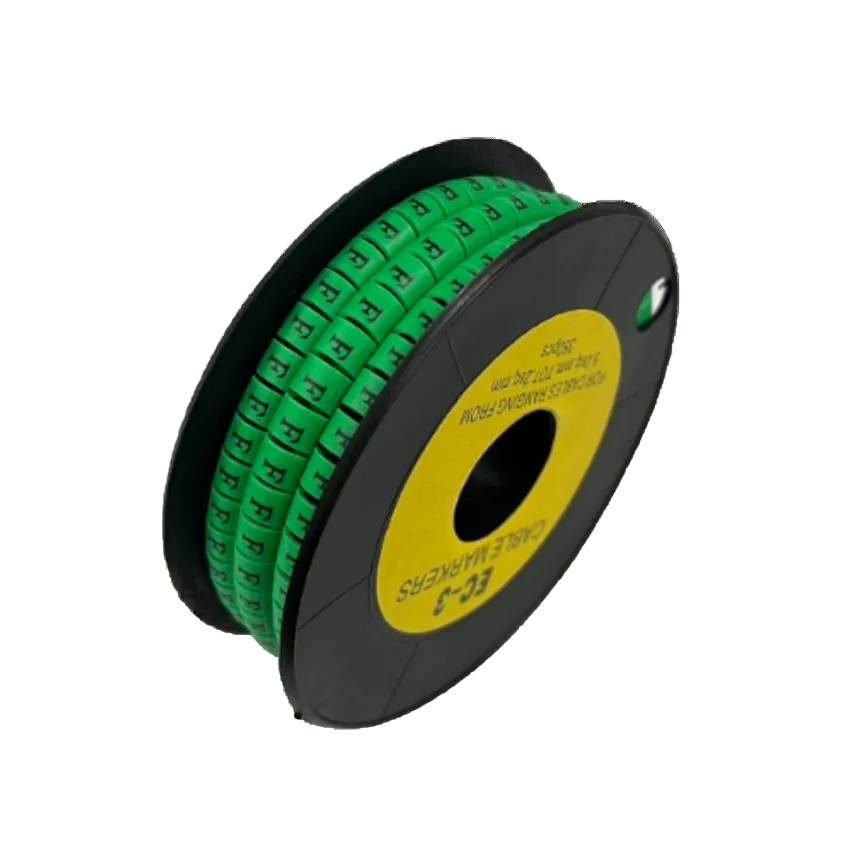 Spool of green cable labels with repeated F characters for organized wiring Cable "F" Marker 5.0mm to 7.2mm Green