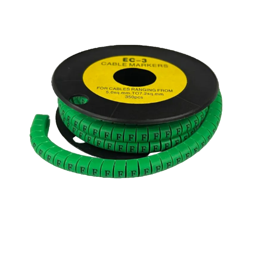 Reel of green plastic Cable "F" Marker 5.0mm to 7.2mm Green for cable management, repeated F labels