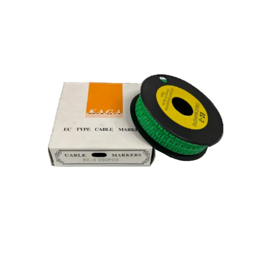 Reel of green cable markers beside box showing Cable "F" Marker 5.0mm to 7.2mm Green for wire labeling