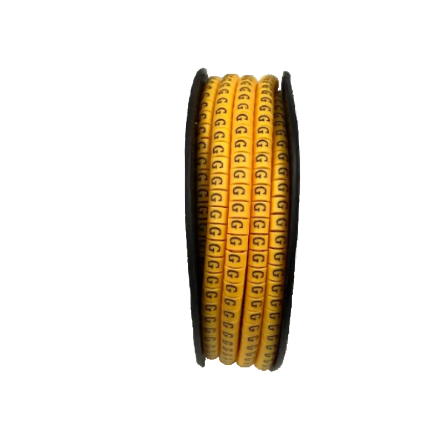 Spool of yellow cable markers labeled Cable "G" Marker 2.6mm to 4.2mm Yellow for cable management and identification
