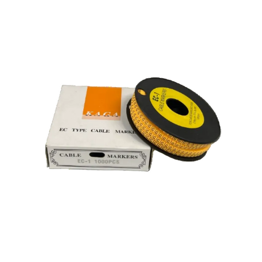 Spool of yellow cable markers and white box from China Cable "G" Marker 2.6mm to 4.2mm Yellow for wire labeling