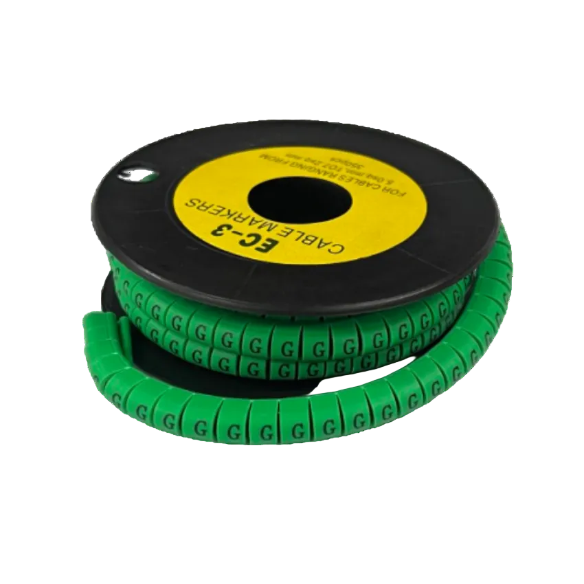 Green spiral cable markers on black spool with repeated G segments for labeling Cable "G" Marker 5.0mm to 7.2mm