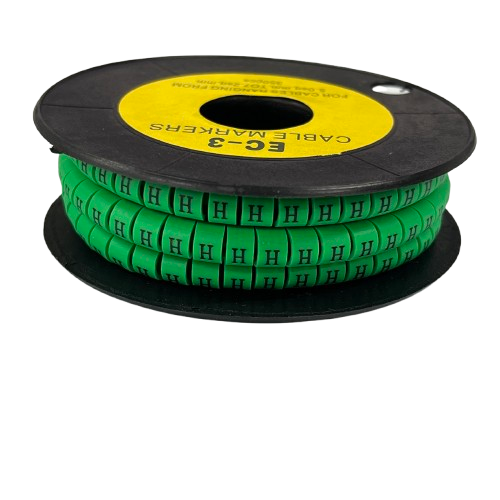 Spool of Cable "H" Marker 5.0mm to 7.2mm Green ID beads on black reel for cable organization and labeling