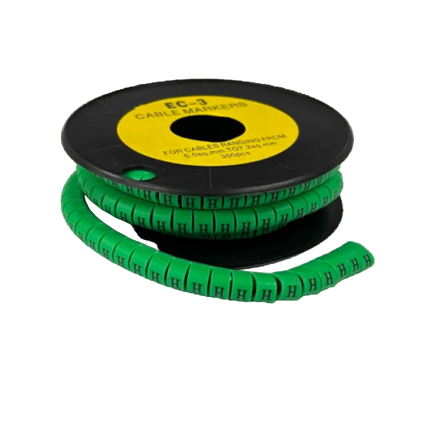 Spool of green segmented cable labels with repeated H markings for wiring identification Cable "H" Marker 5.0mm to 7.2mm Green