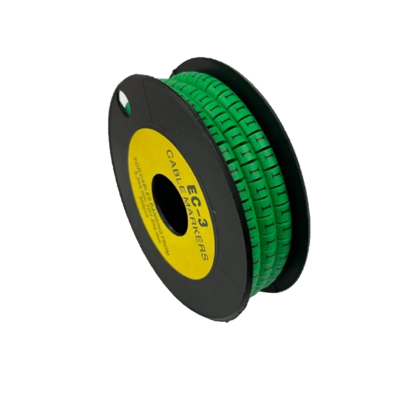 Spool of green segmented cable markers on black reel for wire labeling Cable "I" Marker 5.0mm to 7.2mm Green