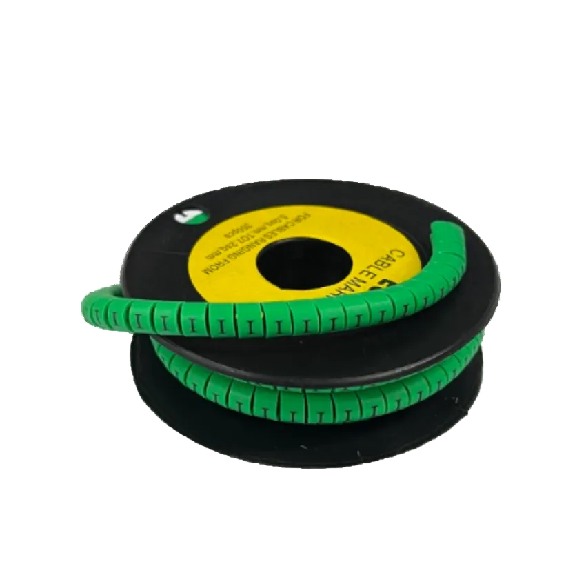 Spool of green segmented cable markers showing I labels Cable "I" Marker 5.0mm to 7.2mm Green for wire organization